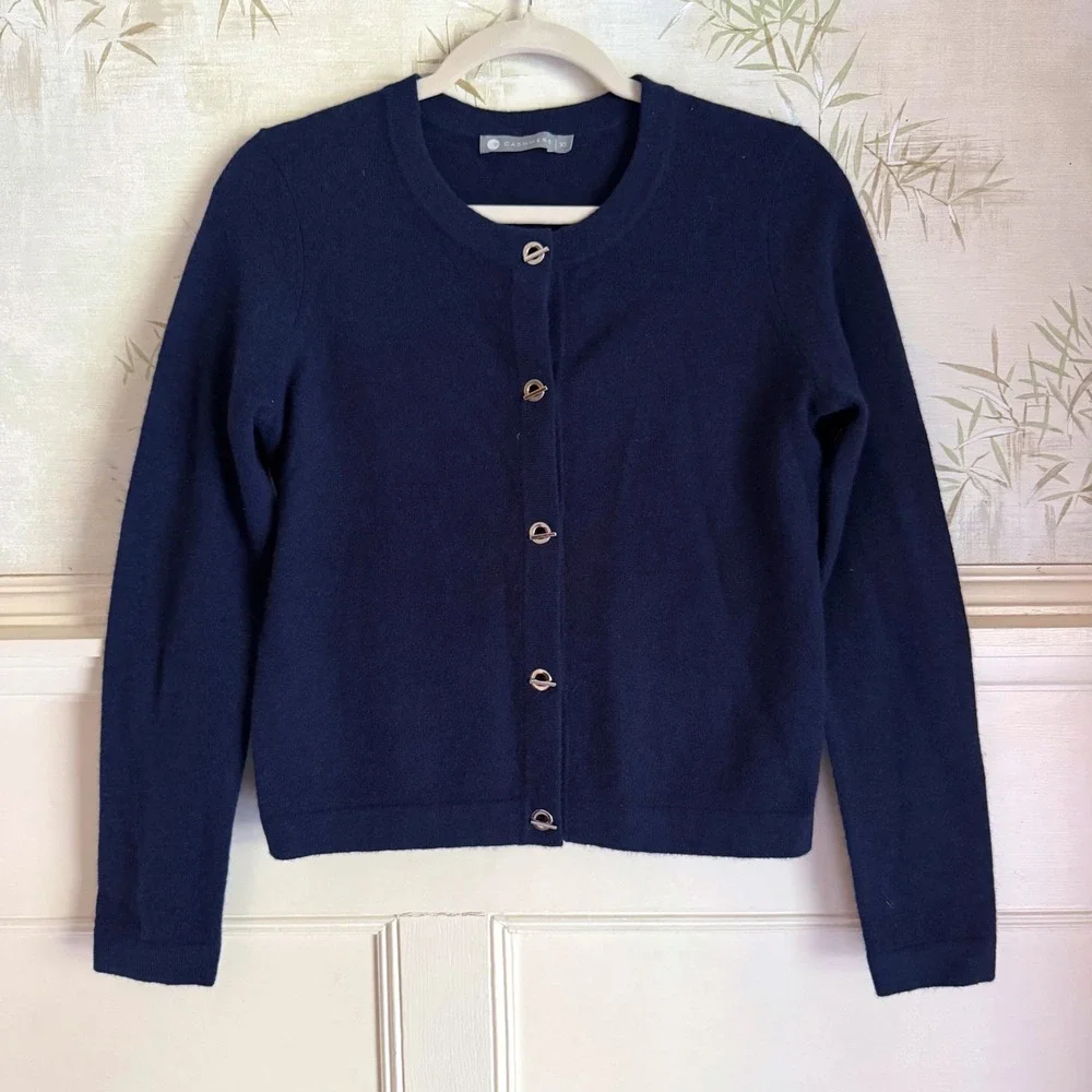 InCashmere Navy Blue Cashmere Cardigan Sweater Toggle Crewneck Quiet Luxury XS